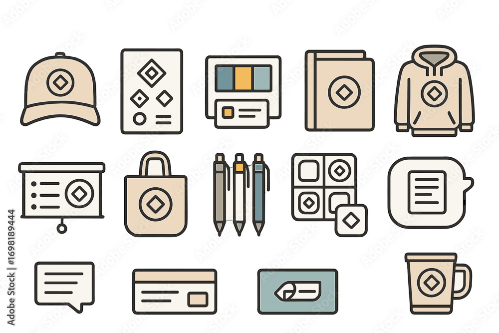 Poster office essentials icon set. stationery and communication items in outline style