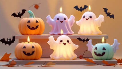 Cute kawaii Halloween candles shaped like pumpkins, ghosts, and bats, glowing softly with pastel colors