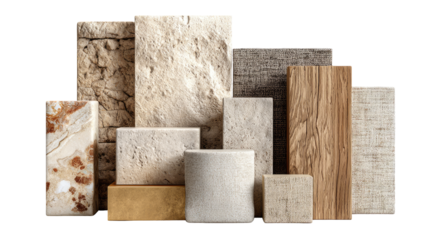 Stacked samples of various stone and wood materials