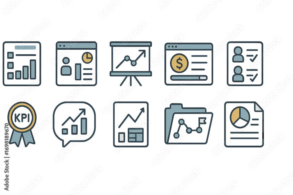 Poster business and analytics linear icon set. charts, reports, kpi in line style.