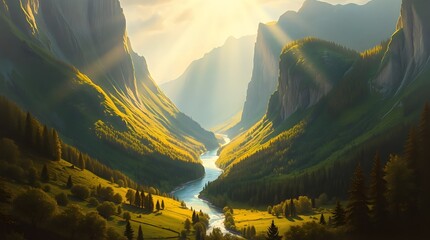 Sunlit Valley with Winding River and Towering Mountains in Majestic Wilderness Scene