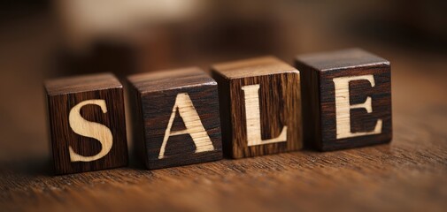 The Sale Blocks on Rustic Wooden Table with Shallow Depth of Field