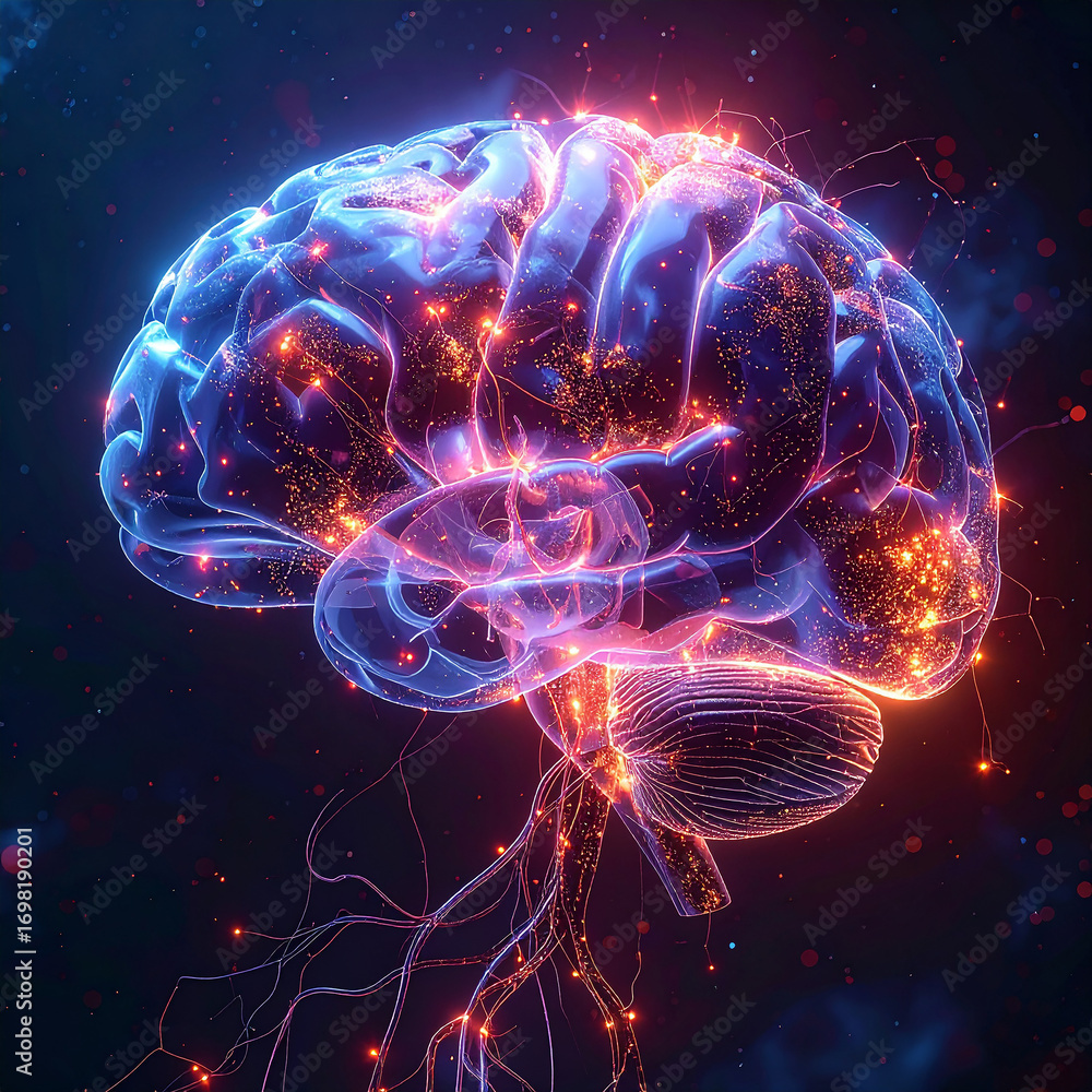 Poster transparent human brain with glowing neural network neurons synapses
