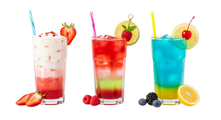 Three colorful cocktails isolated on transparent background for summer