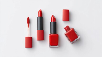 Red Lipstick And Nail Polish Set On White Background. Beauty And Cosmetics Essentials