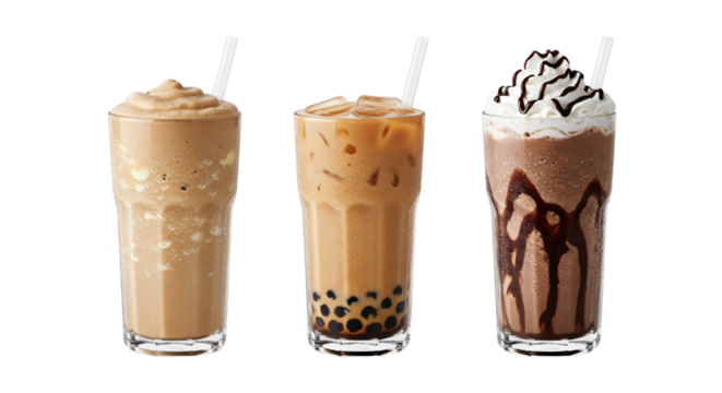 Three glasses of refreshing boba tea isolated on transparent background