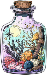 Colorful Artistic Illustration of Nature Inside a Bottle with Floral and Geological Elements Inspired by Whimsy