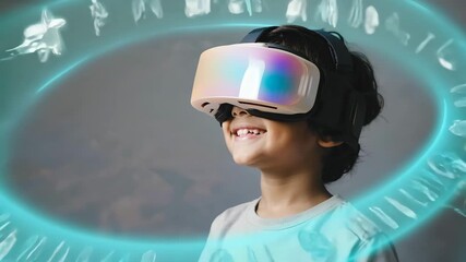 Smiling child wearing futuristic virtual reality headset with glowing holographic interface in motion, immersive VR animation showing innovation in gaming, education and digital technology - Powered by Adobe
