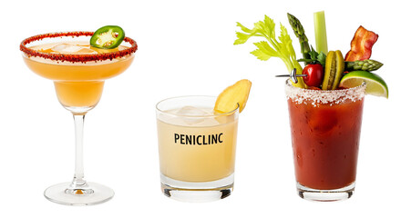 Three different cocktails isolated on transparent background, close up