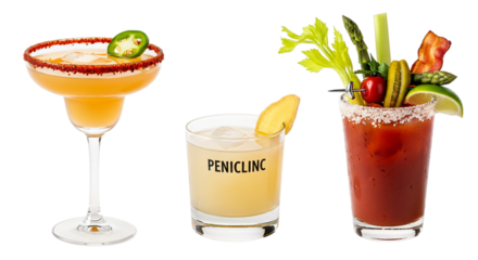 Three different cocktails isolated on transparent background, close up
