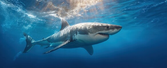 Fototapeta premium The Great White Shark Swimming Near Surface With Sunlit Blue Ocean Background