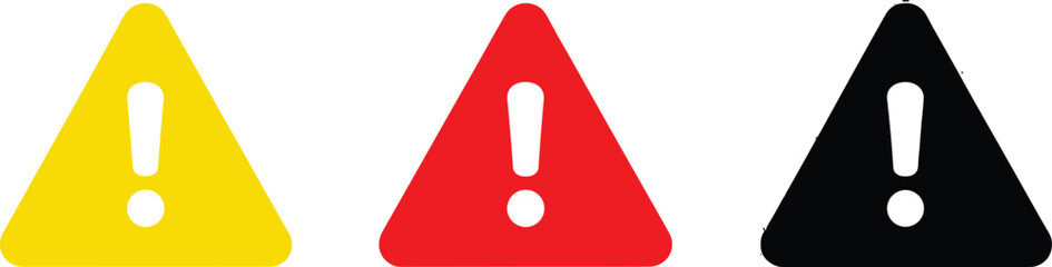 A versatile set of triangular warning sign icons in yellow, red, and black, representing concepts of caution, danger, and critical system alerts