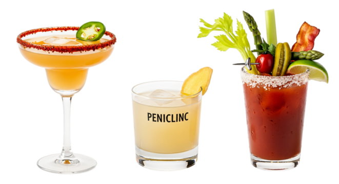 Three different cocktails isolated on transparent background, close up