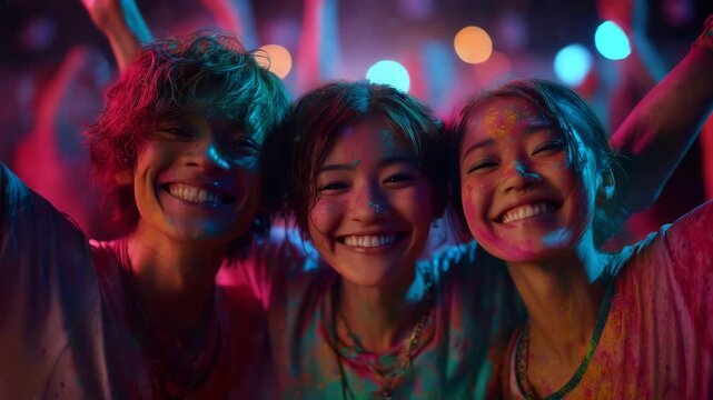 日本人男女が色彩舞う祭りを楽しむ瞬間