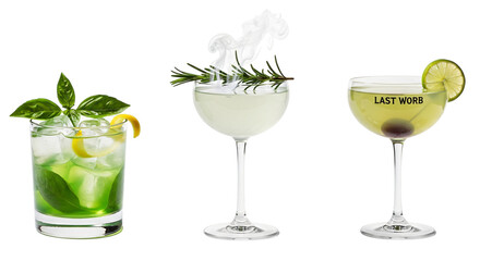Three different cocktails isolated on transparent background, close up