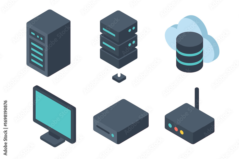 Poster technology infrastructure icon set. data storage, cloud computing 3d graphics