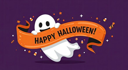 Cartoon Ghost with Orange Banner for Halloween Decoration on Purple Background