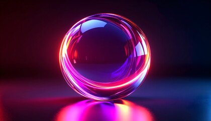 Glowing Sphere with Neon Light Reflections and Vibrant Color Palette