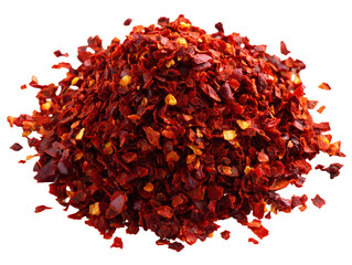 Naklejka premium Close-up set of spicy chili flakes in heap, vibrant red, isolated PNG