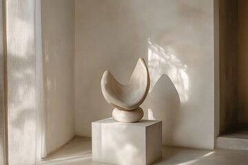 A calm interior corner showcasing a large abstract stone sculpture.
