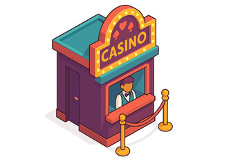 Obraz premium Casino, gambling isometric icon set. Casino entrance, doorman, game hall line icons. Vector icons.