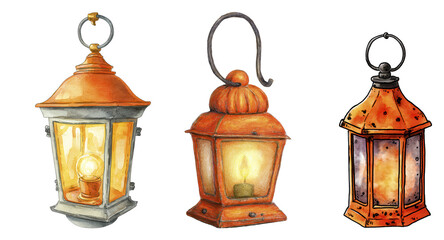 Set of Vintage Rustic Lanterns with Warm Glow Against Transparent Background