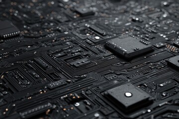 Closeup of complex black circuit board.