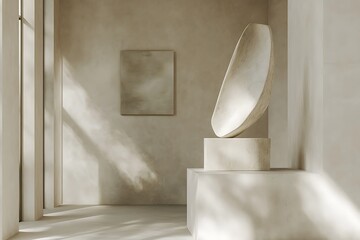 A calm interior corner showcasing a large abstract stone sculpture.