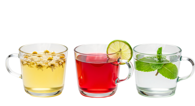 Three glasses of herbal tea isolated on transparent background - Powered by Adobe