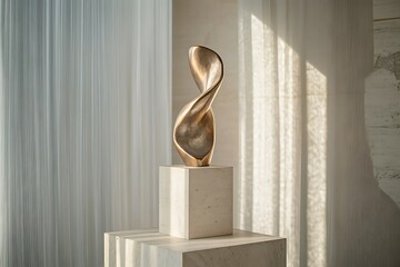 A stylish artistic corner showcasing a metallic abstract sculpture elegantly.
