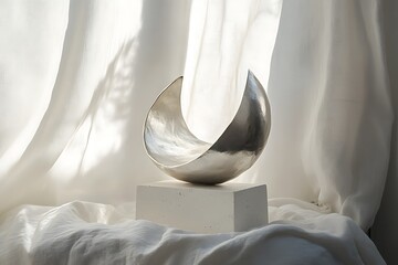 A minimal chic corner featuring a contemporary sculpture displayed on pedestal.