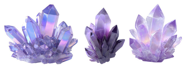 Three Beautiful Amethyst Crystal Clusters with Translucent Facets and Sparkling Highlights on Transparent Background