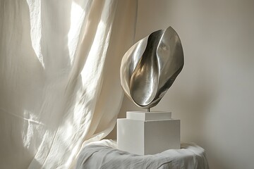A minimal chic corner featuring a contemporary sculpture displayed on pedestal.