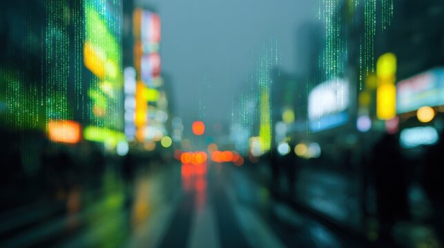 Blurred Urban Night Scene With Digital Code Overlay. Futuristic Cityscape Blending Technology And City Life