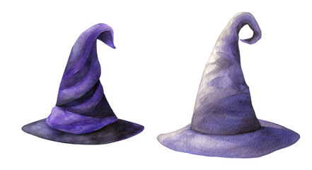 Two Enchanting Witch Hats in Shades of Purple and Black on a Transparent Background