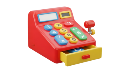 Red plastic toy cash register with number buttons and drawer isolated on white background