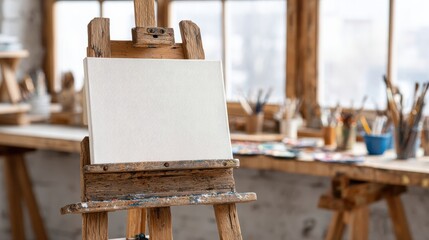 Blank Canvas On Wooden Easel In Sunlit Art Studio. Creative Space For Artistic Inspiration