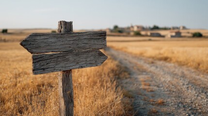 Naklejka premium Weathered Wooden Signpost On Rural Pathway In Golden Field. Rustic Countryside Navigation In Serene Landscape