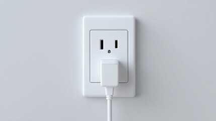 Electrical Wall Outlet With Plugged-In Charger On White Background. Power Supply And Energy Connection Concept