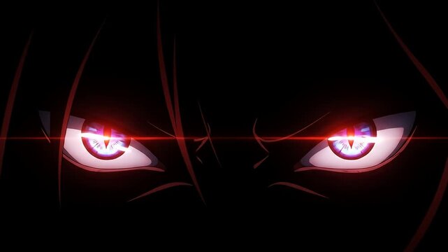 Anime eyes glow with rage, glowing brightly in the dark, intense stare