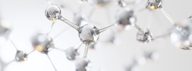 Banner Crystalline transparent silver molecule structure on white background. Molecules are connected by thin transparent threads. Laboratory, scientific background, research
