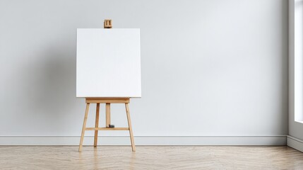Blank Canvas On Wooden Easel In Minimalist Art Studio. Creative Potential And Artistic Inspiration