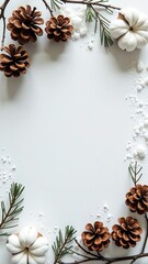 A frame of pine cones, cotton flowers, and pine branches. Generative AI