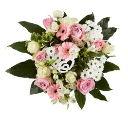 Bouquet of roses, chrysanthemums, pink, white, top view cut out isolated transparent background