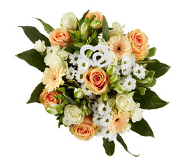 Bouquet of roses, yellow and orange chrysanthemums, top view cut out isolated transparent background