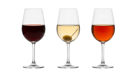 Three glasses of wine isolated on transparent background in studio shot