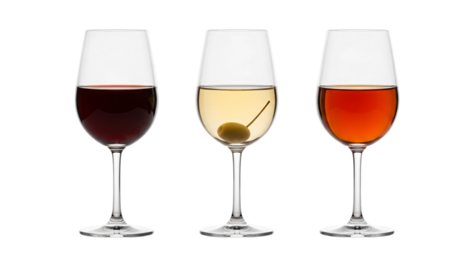 Three glasses of wine isolated on transparent background in studio shot