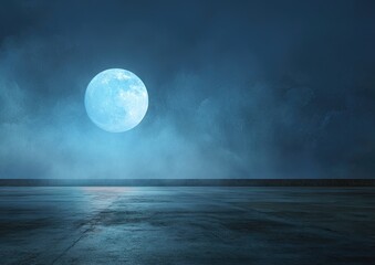 Mystical Blue Full Moon Over a Calm Ocean at Night.