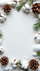 Pine cones on the soft snow underneath a tree. Generative AI