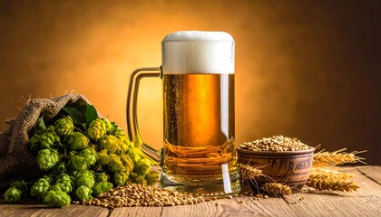 Hops, barley, and beer mug